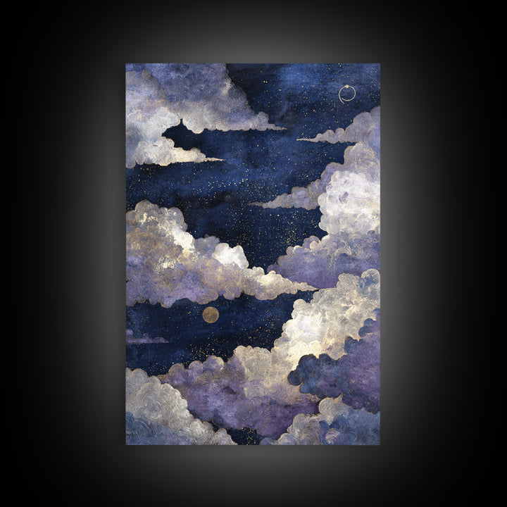 Moonlit Cloudscape with Silver Highlights Canvas Print, Celestial Art, Textured Painting, Living Room Decor, Celestial, CEL-2x3-17