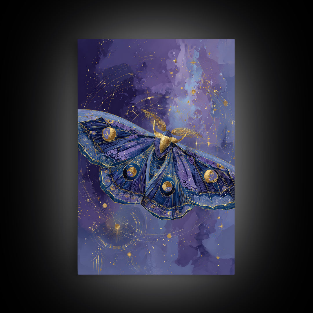 Celestial Moth with Moon Markings Framed Canvas Print, Celestial Art, Gallery Decor, Living Room Decor, Abstract Art, Celestial, CEL-2x3-26