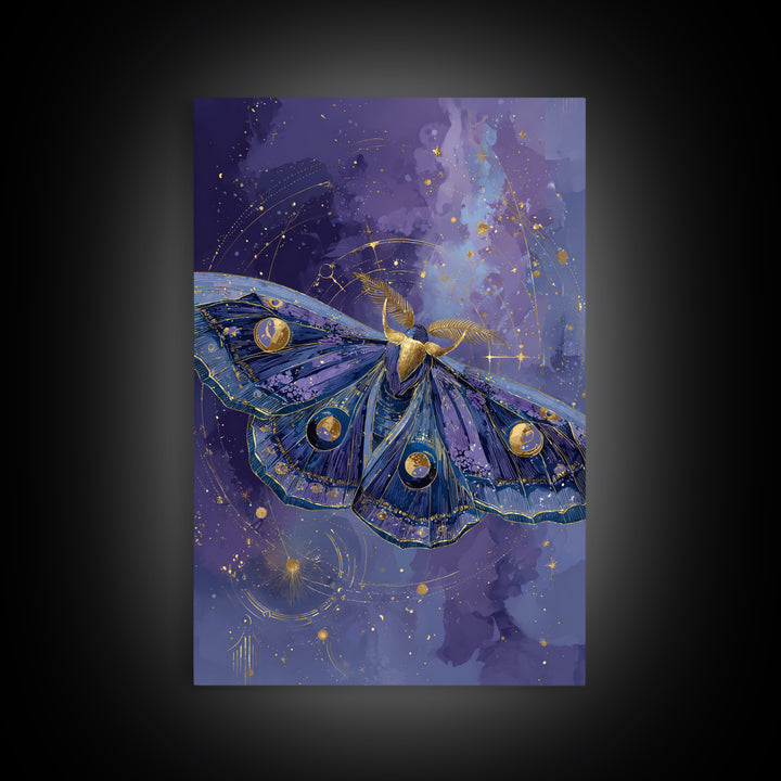 Celestial Moth with Moon Markings Framed Canvas Print, Celestial Art, Gallery Decor, Living Room Decor, Abstract Art, Celestial, CEL-2x3-26