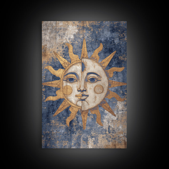 Sun and Moon Faces Framed Canvas Print, Celestial Art, Luxury Decor, Living Room Decor, Oil Painting, Celestial, Digital Print, CEL-2x3-34