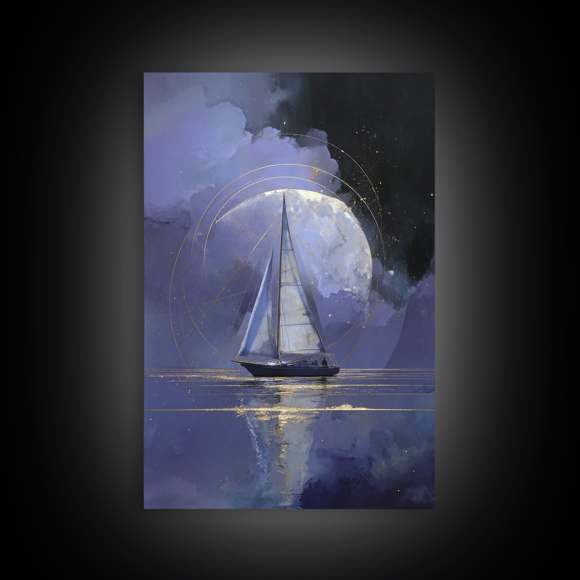 Tiny Sailboat Beneath a Huge Moon Framed Canvas Print, Celestial Art, Animal Prints, Living Room Decor, Oil Painting, Celestial, CEL-2x3-51