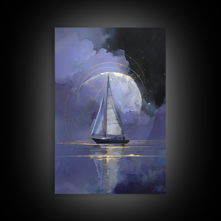 Tiny Sailboat Beneath a Huge Moon Framed Canvas Print, Celestial Art, Animal Prints, Living Room Decor, Oil Painting, Celestial, CEL-2x3-51