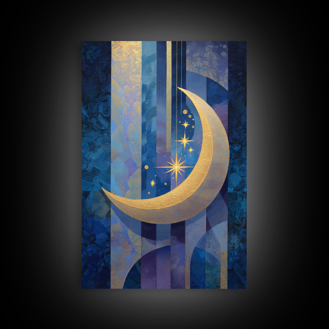 Crescent Moon Cradling a Cluster of Stars Canvas Print, Celestial Art, Living Room Decor, Oil Painting, Celestial, CEL-2x3-57