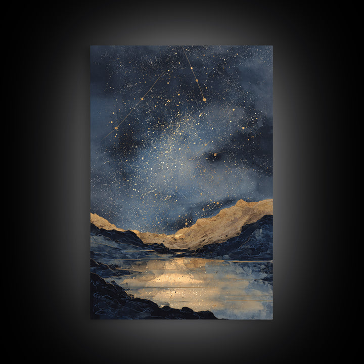 Night Sky over a Quiet Mountain Lake Framed Canvas Print, Celestial Art, Boho Decor, Living Room Decor, Fine Art, Celestial, CEL-2x3-59