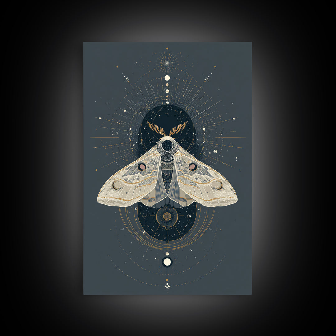 Celestial Moth with Moon Markings Framed Canvas Print, Celestial Art, Living Room Decor, Watercolor Art, Celestial, CEL-2x3-74