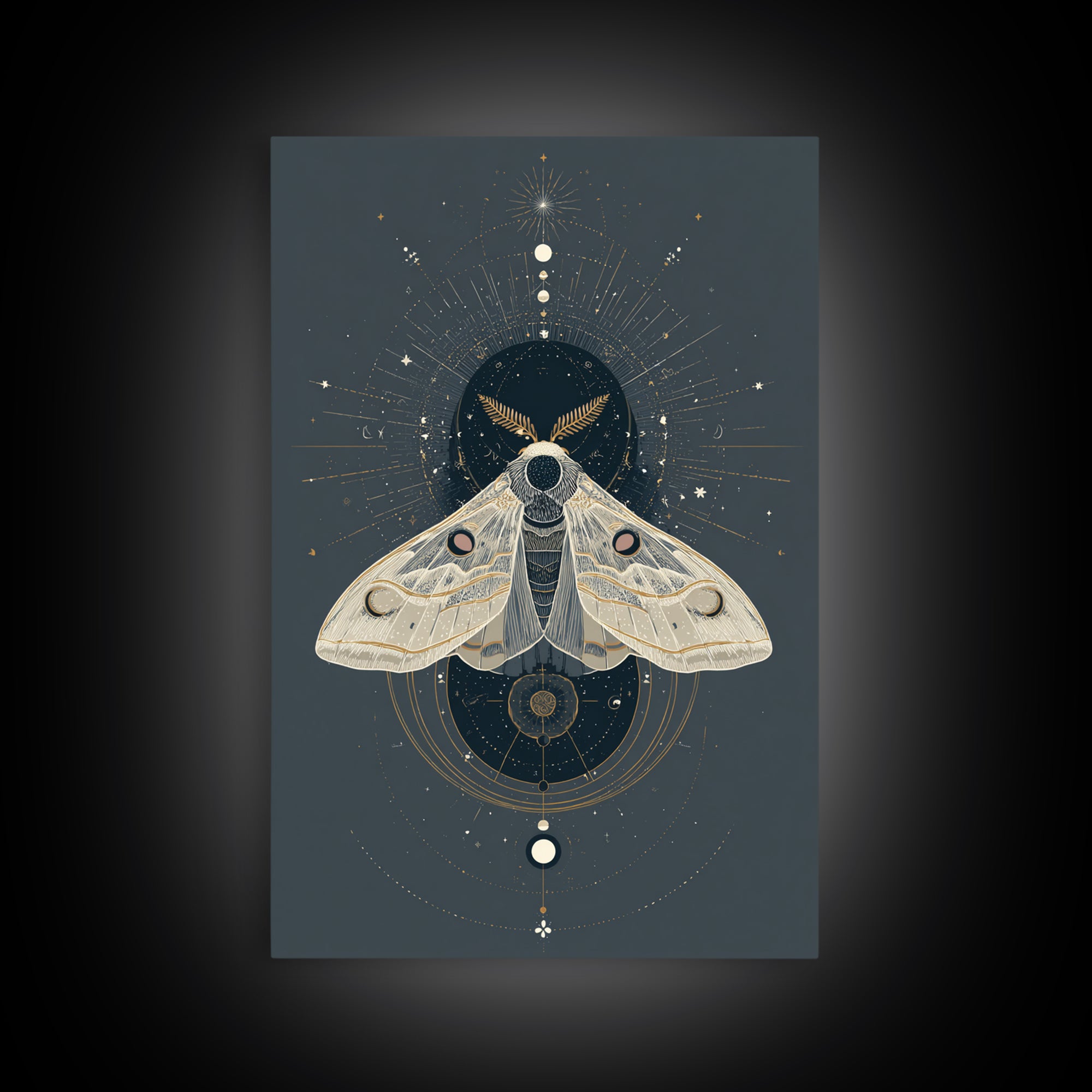 Celestial Moth with Moon Markings Framed Canvas Print, Celestial Art, Living Room Decor, Watercolor Art, Celestial, CEL-2x3-74