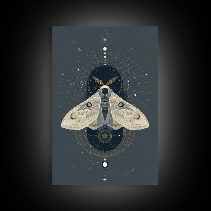 Celestial Moth with Moon Markings Framed Canvas Print, Celestial Art, Living Room Decor, Watercolor Art, Celestial, CEL-2x3-74