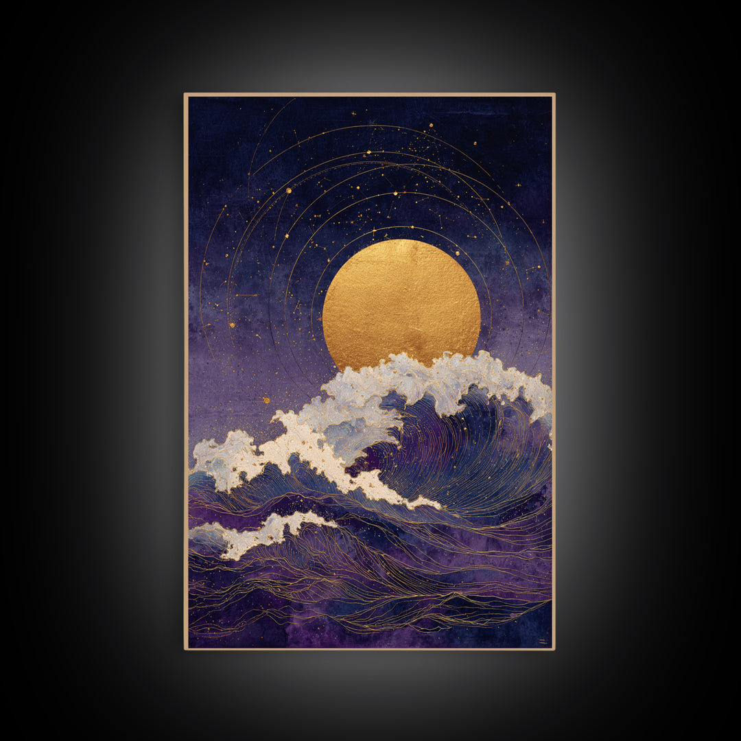 Golden Sun over Abstract Ocean Waves Canvas Print, Celestial Art, Statement Artwork, Living Room Decor, Fine Art, Celestial, CEL-2x3-79