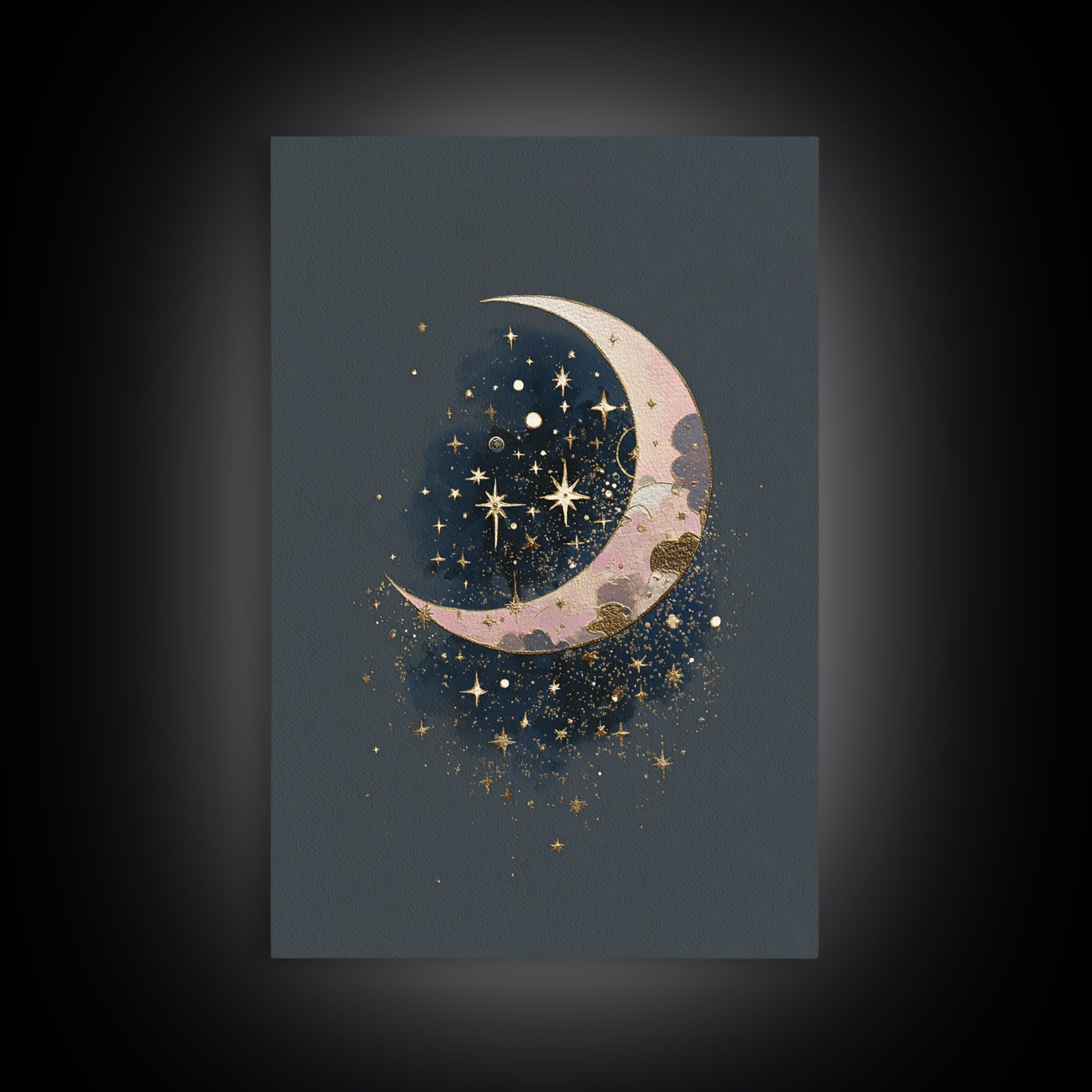 Crescent Moon Cradling a Cluster of Stars Canvas Print, Celestial Art, Art Print, Living Room Decor, Fine Art, Celestial, CEL-2x3-9