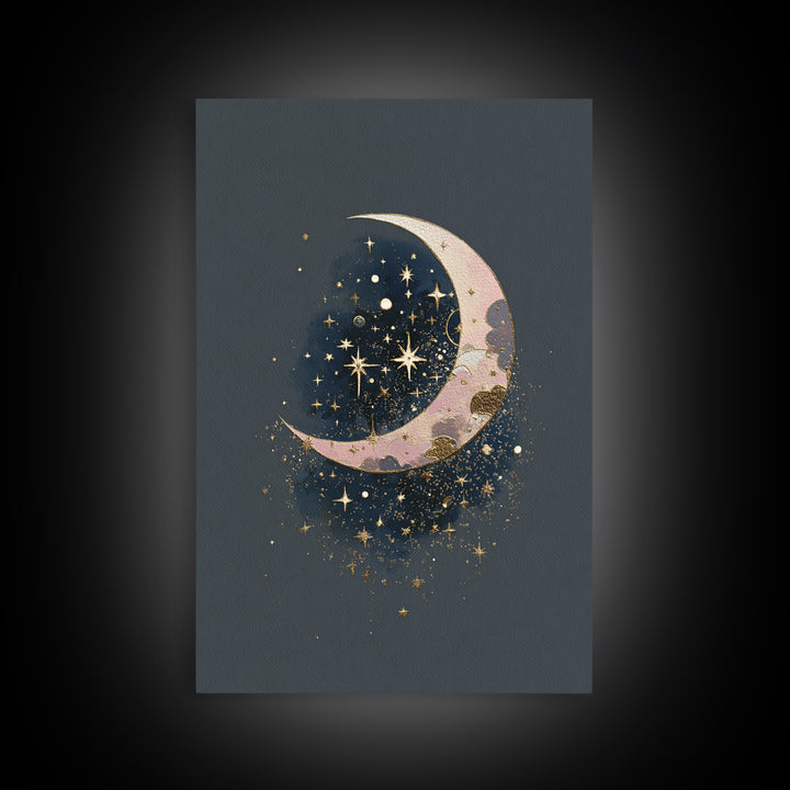 Crescent Moon Cradling a Cluster of Stars Canvas Print, Celestial Art, Art Print, Living Room Decor, Fine Art, Celestial, CEL-2x3-9