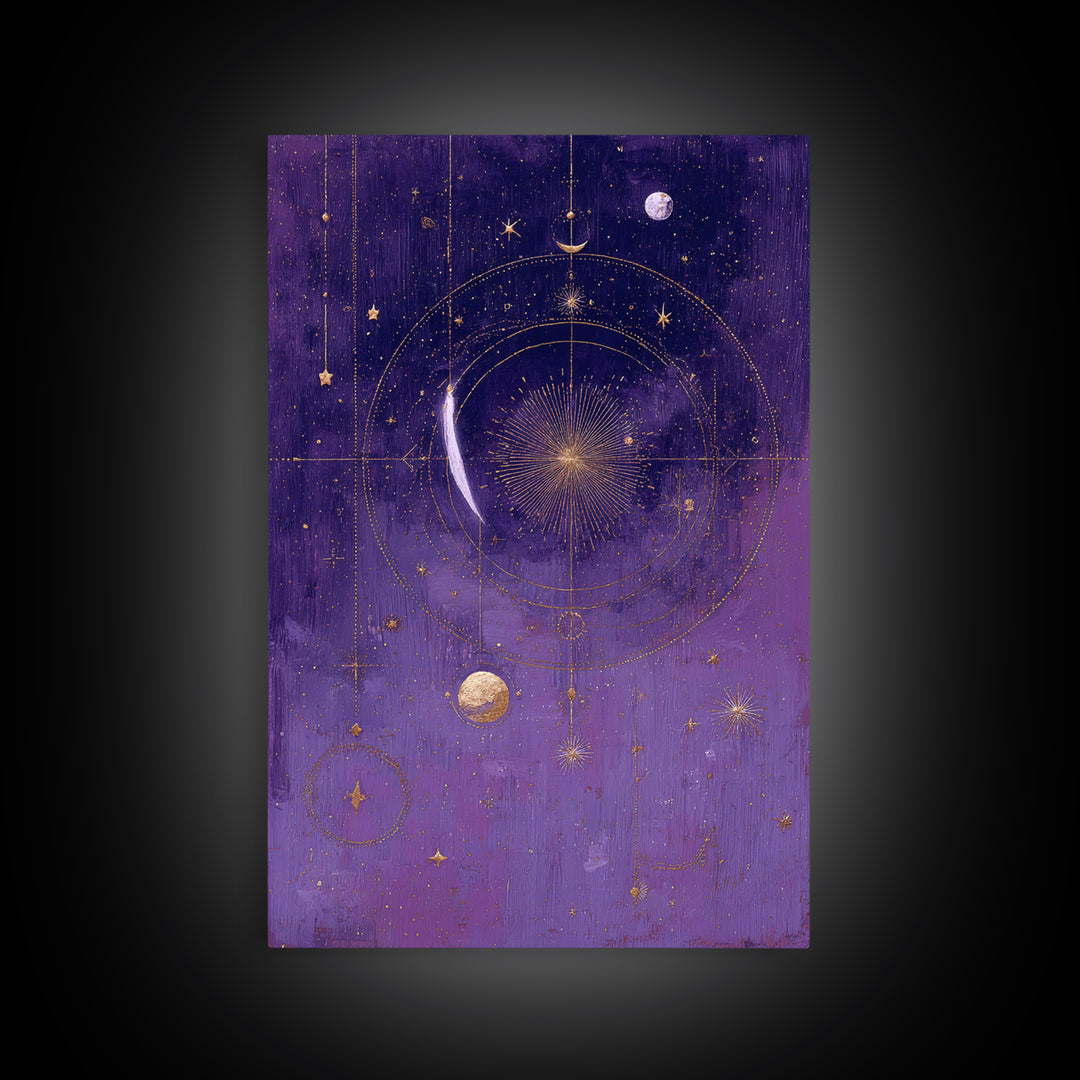 Dreamlike Comet Crossing a Violet Sky Framed Canvas Print, Celestial Art, Colorful Wall Art, Living Room Decor, Abstract Art, CEL-2x3-92