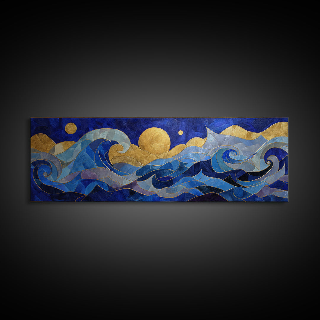 Golden Sun over Abstract Ocean Waves Framed Canvas Print, Celestial Art, Art Nouveau Decor, Living Room Decor, Celestial, CEL-3x1-15