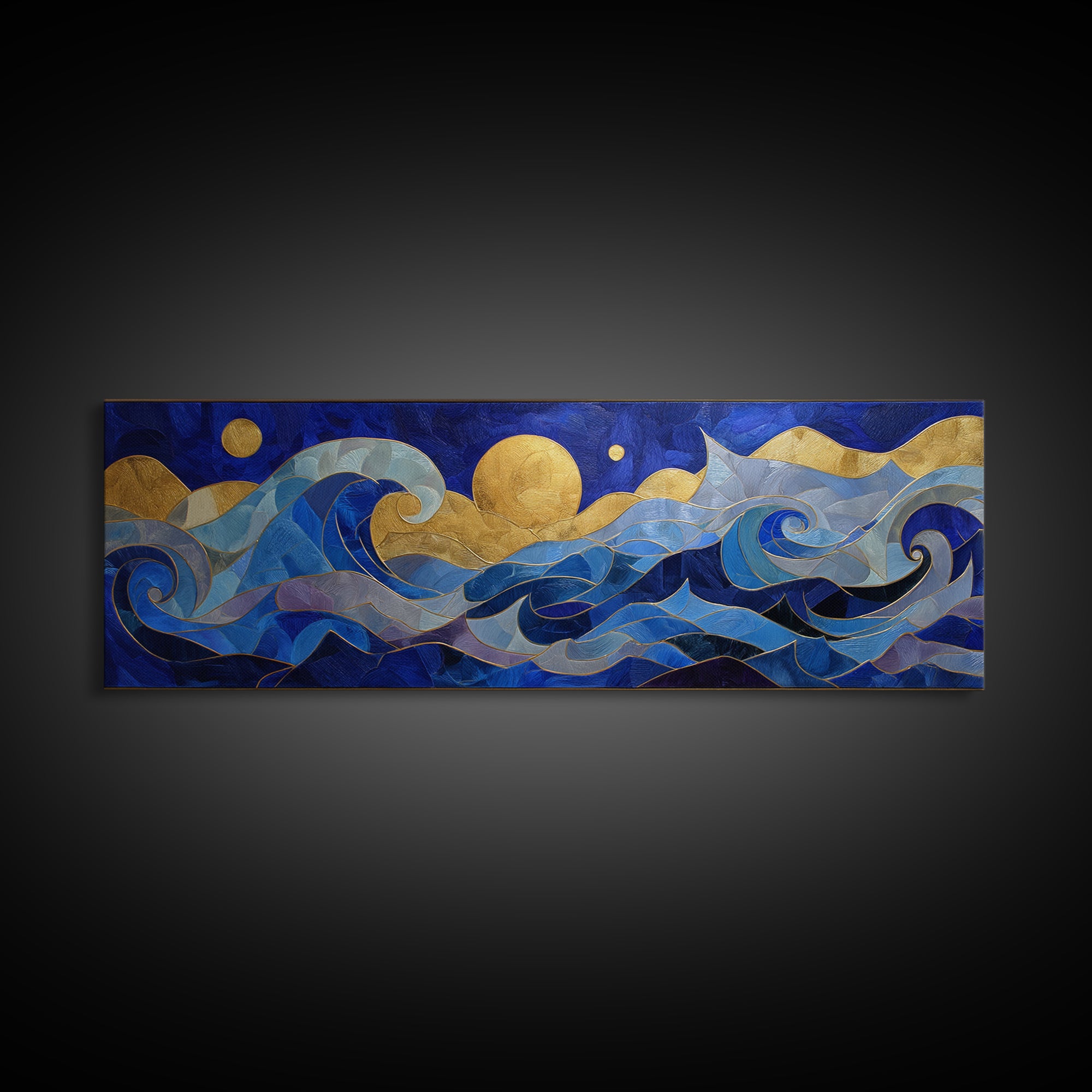 Golden Sun over Abstract Ocean Waves Framed Canvas Print, Celestial Art, Art Nouveau Decor, Living Room Decor, Celestial, CEL-3x1-15