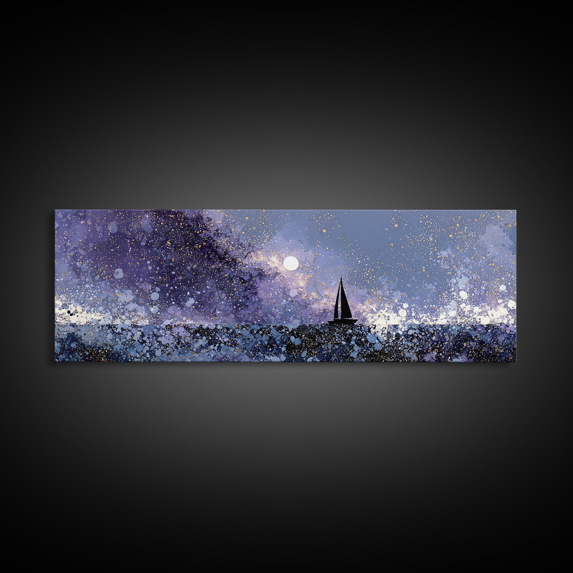 Tiny Sailboat Beneath a Huge Moon Canvas Print, Celestial Art, Statement Artwork, Living Room Decor, Fine Art, Celestial, CEL-3x1-35