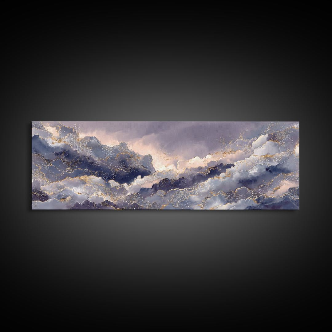 Moonlit Cloudscape with Silver Highlights Canvas Print, Celestial Art, Watercolor Painting, Living Room Decor, Abstract Art, CEL-3x1-49