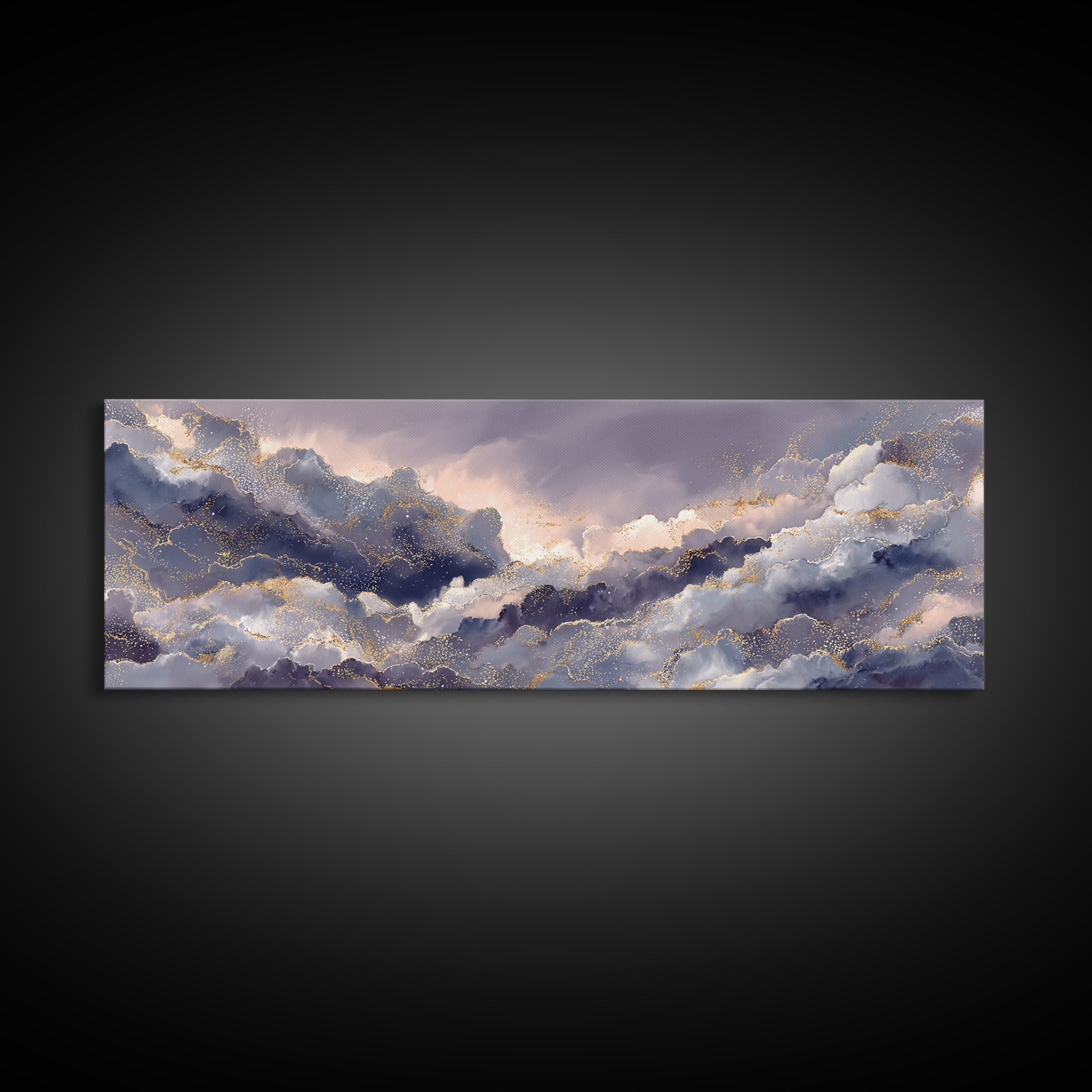 Moonlit Cloudscape with Silver Highlights Canvas Print, Celestial Art, Watercolor Painting, Living Room Decor, Abstract Art, CEL-3x1-49