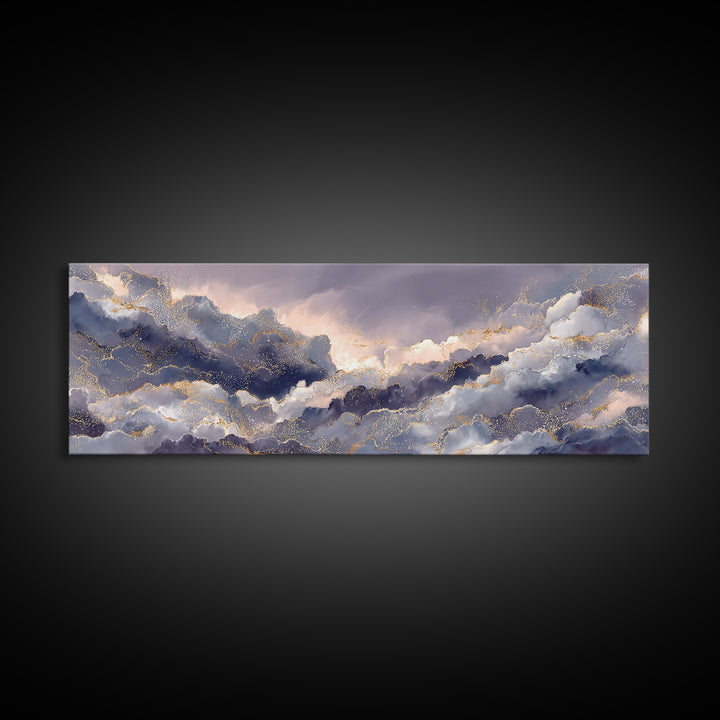 Moonlit Cloudscape with Silver Highlights Canvas Print, Celestial Art, Watercolor Painting, Living Room Decor, Abstract Art, CEL-3x1-49