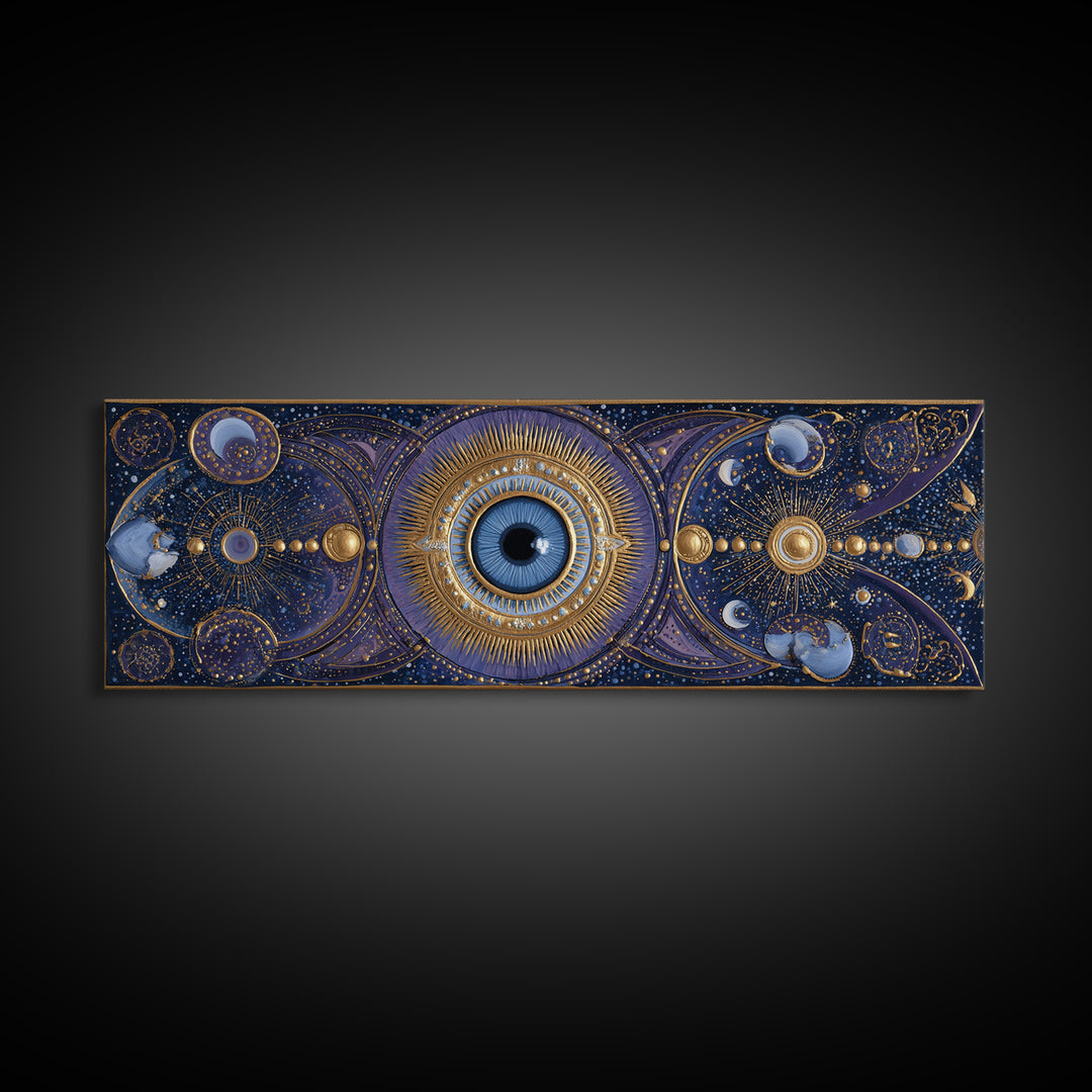 Mystic Eye Surrounded by Moons and Constellations Framed Canvas Print, Celestial Art, Art Print, Living Room Decor, Celestial, CEL-3x1-56