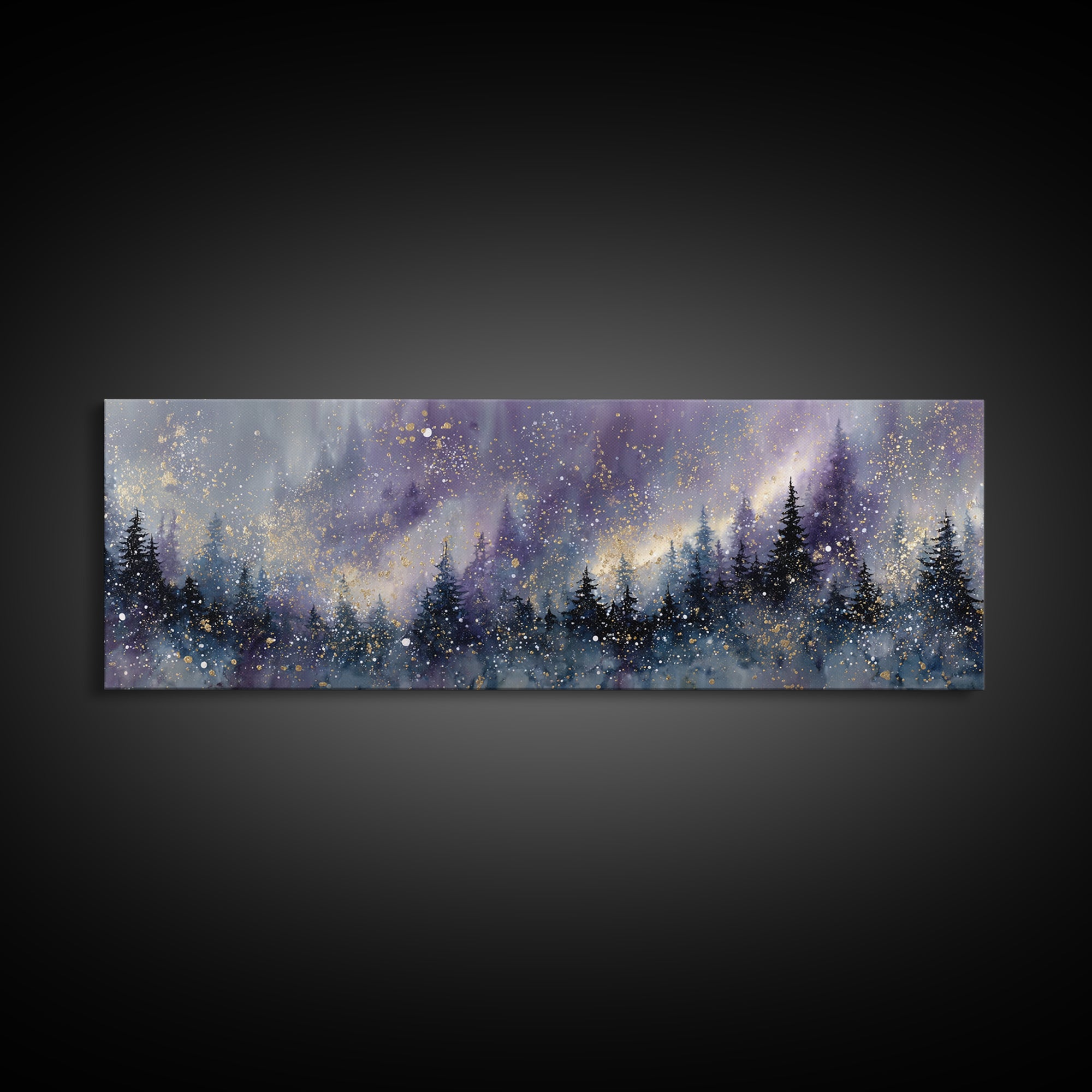 Aurora Borealis over Snowy Pines Framed Canvas Print, Celestial Art, Retro Wall Art, Living Room Decor, Fine Art, Celestial, CEL-3x1-57