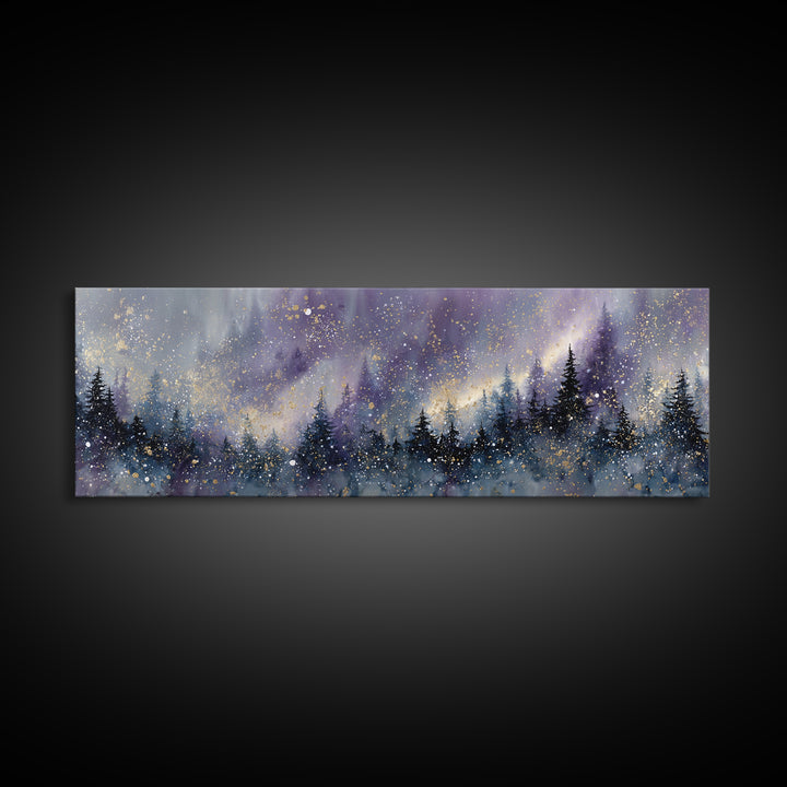 Aurora Borealis over Snowy Pines Framed Canvas Print, Celestial Art, Retro Wall Art, Living Room Decor, Fine Art, Celestial, CEL-3x1-57