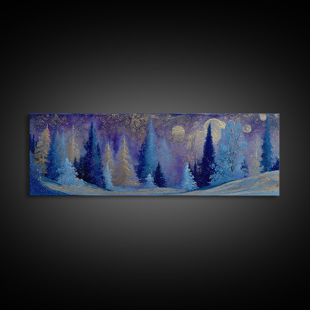 Aurora Borealis over Snowy Pines Framed Canvas Print, Celestial Art, Retro Wall Art, Living Room Decor, Fine Art, Celestial, CEL-3x1-81