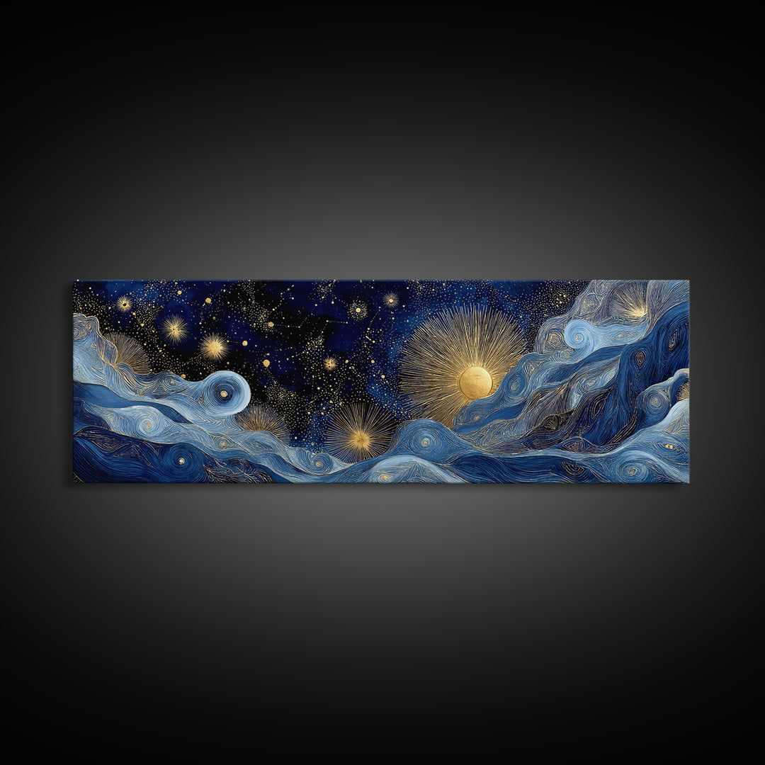 Golden Sun over Abstract Ocean Waves Framed Canvas Print, Celestial Art, Digital Art, Living Room Decor, Watercolor Art, CEL-3x1-87