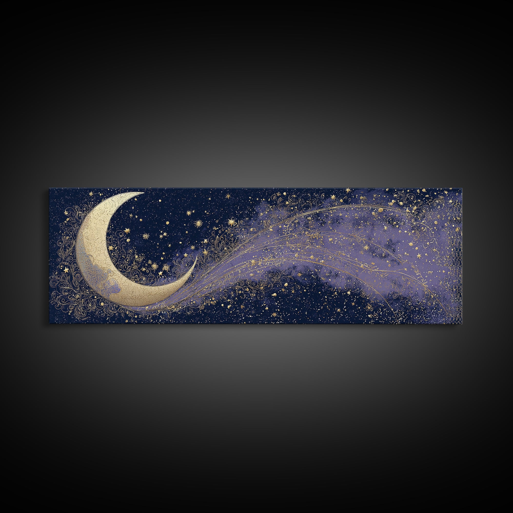 Crescent Moon Cradling a Cluster of Stars Canvas Print, Celestial Art, Digital Download Art, Living Room Decor, Celestial, CEL-3x1-89