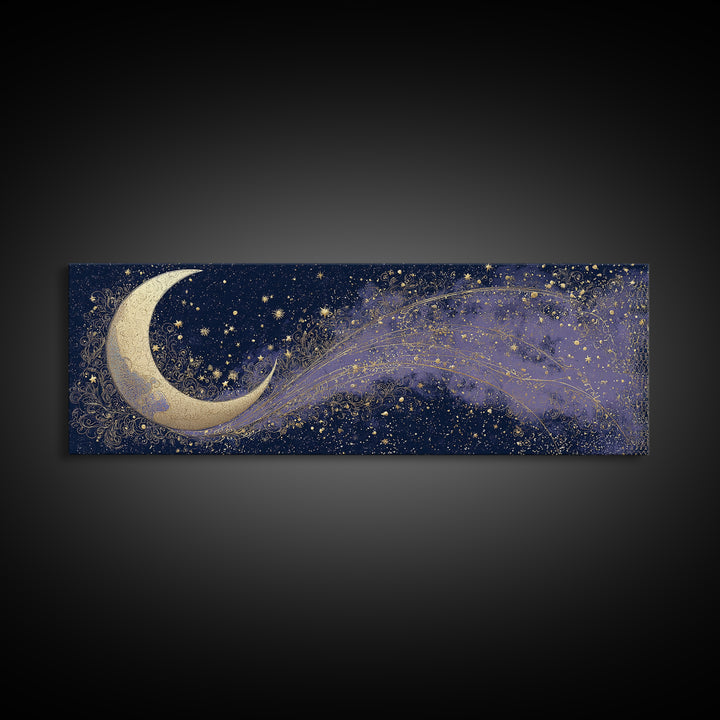 Crescent Moon Cradling a Cluster of Stars Canvas Print, Celestial Art, Digital Download Art, Living Room Decor, Celestial, CEL-3x1-89
