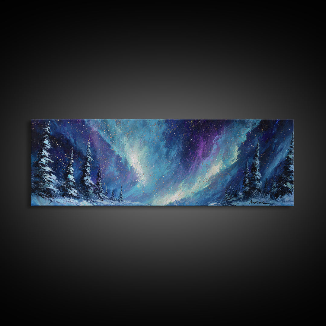 Aurora Borealis over Snowy Pines Framed Canvas Print, Celestial Art, Digital Art, Living Room Decor, Fine Art, Celestial, CEL-3x1-9