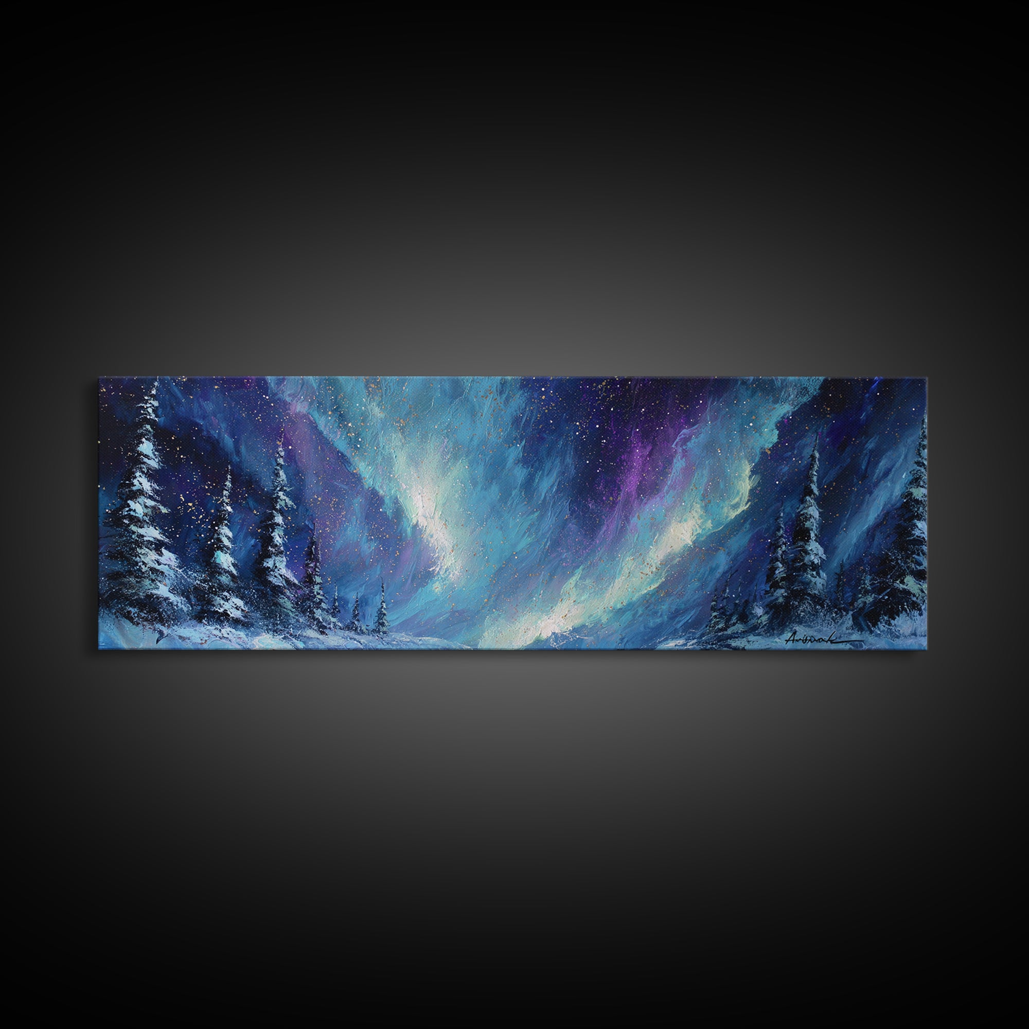 Aurora Borealis over Snowy Pines Framed Canvas Print, Celestial Art, Digital Art, Living Room Decor, Fine Art, Celestial, CEL-3x1-9