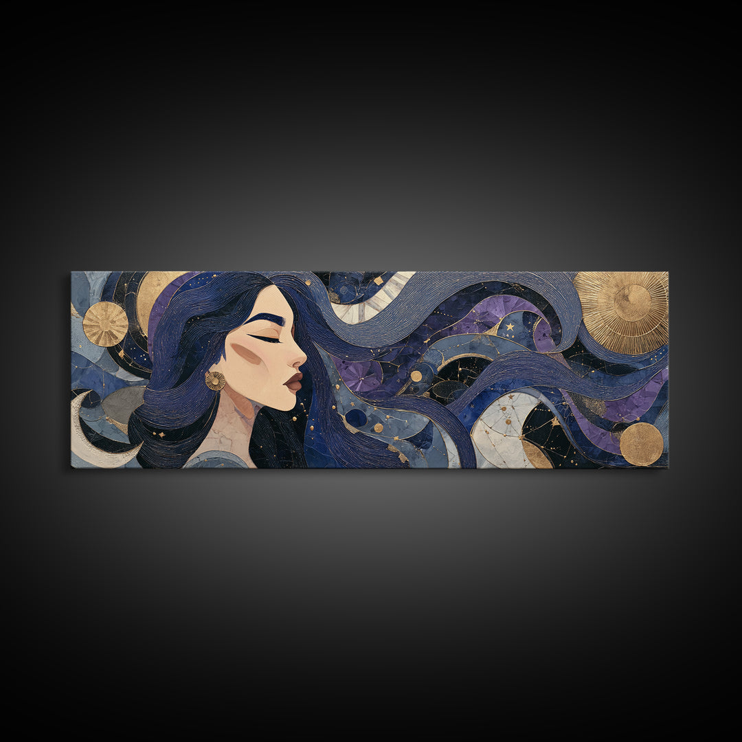 Celestial Goddess with Flowing Midnight Hair Canvas Print, Celestial Art, Gallery Decor, Living Room Decor, Fine Art, Celestial, CEL-3x1-95