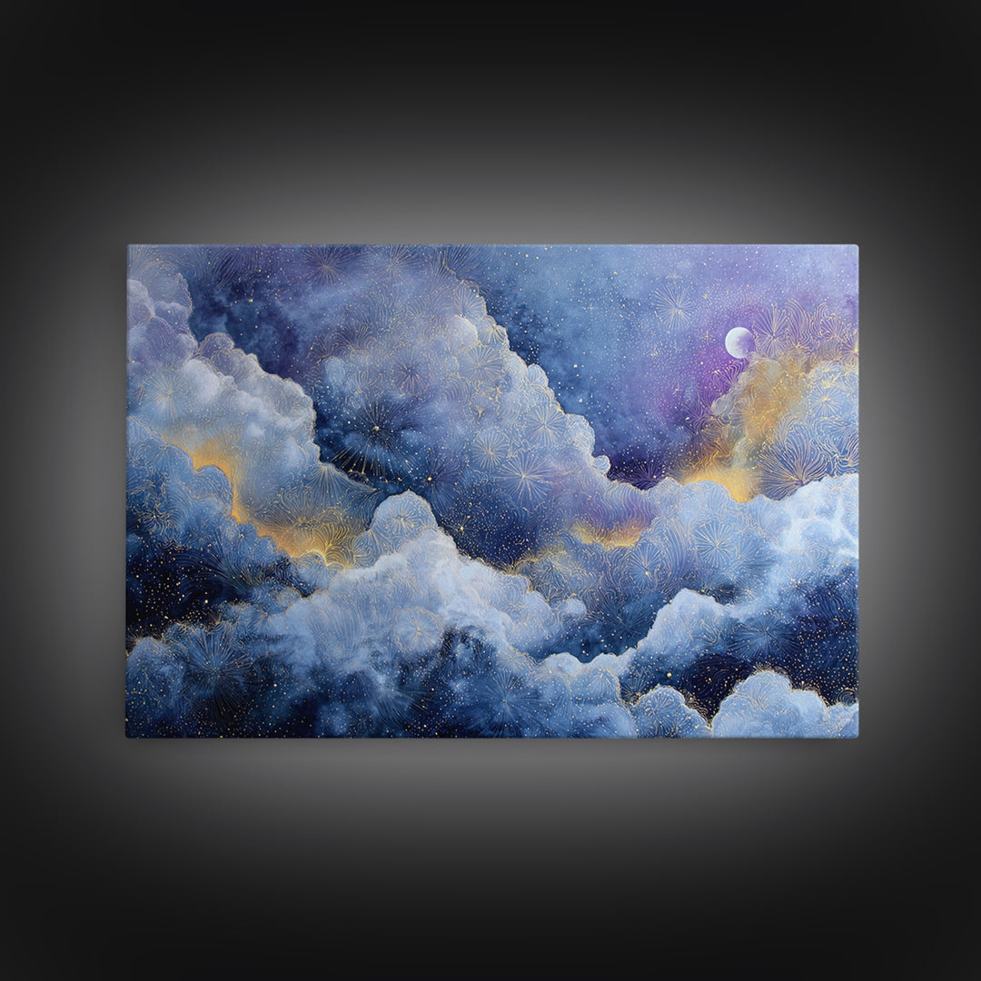 Moonlit Cloudscape with Silver Highlights Canvas Print, Celestial Art, Printable Art, Living Room Decor, Celestial, CEL-3x2-13