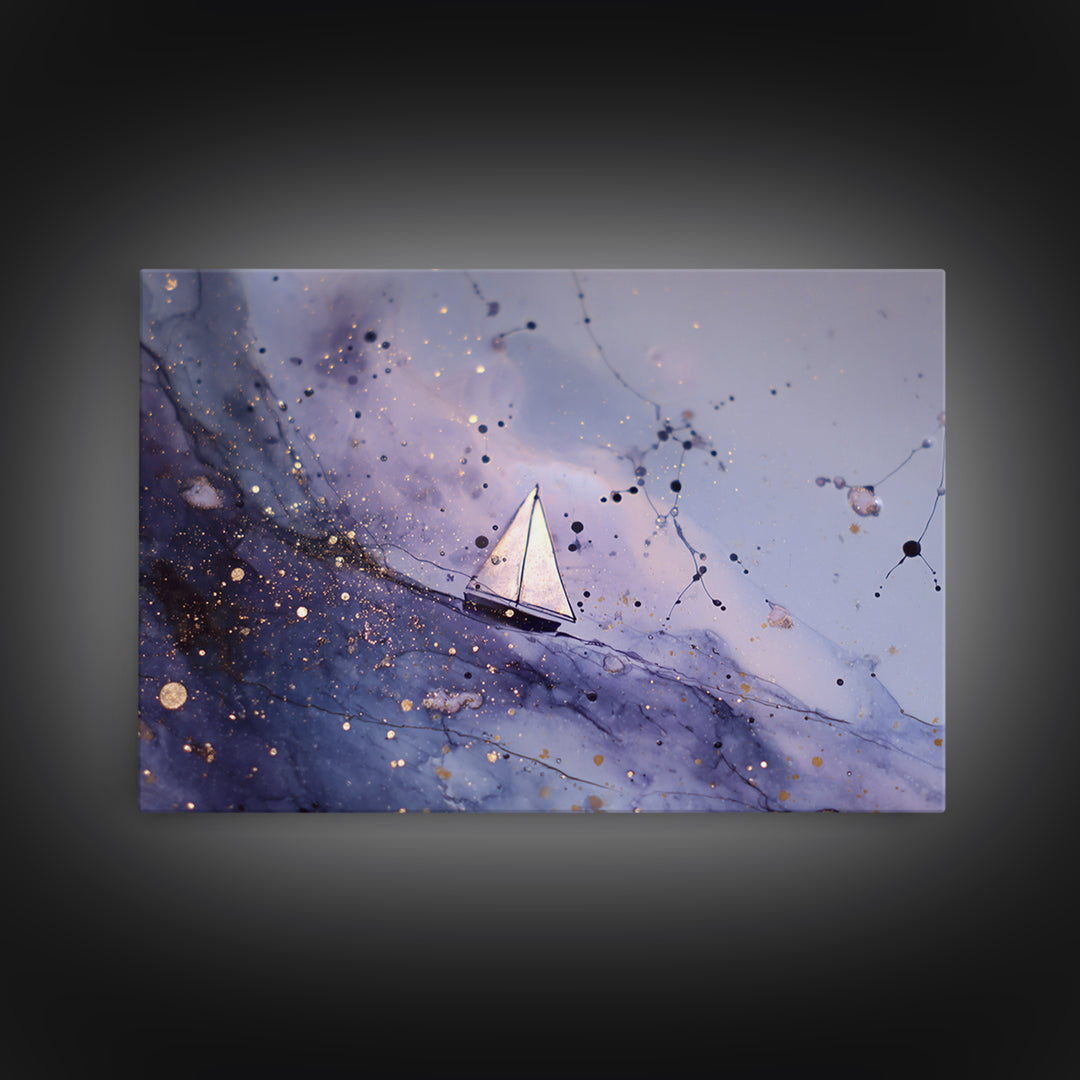 Tiny Sailboat Beneath a Huge Moon Framed Canvas Print, Celestial Art, Digital Print, Living Room Decor, Fine Art, Celestial, CEL-3x2-23