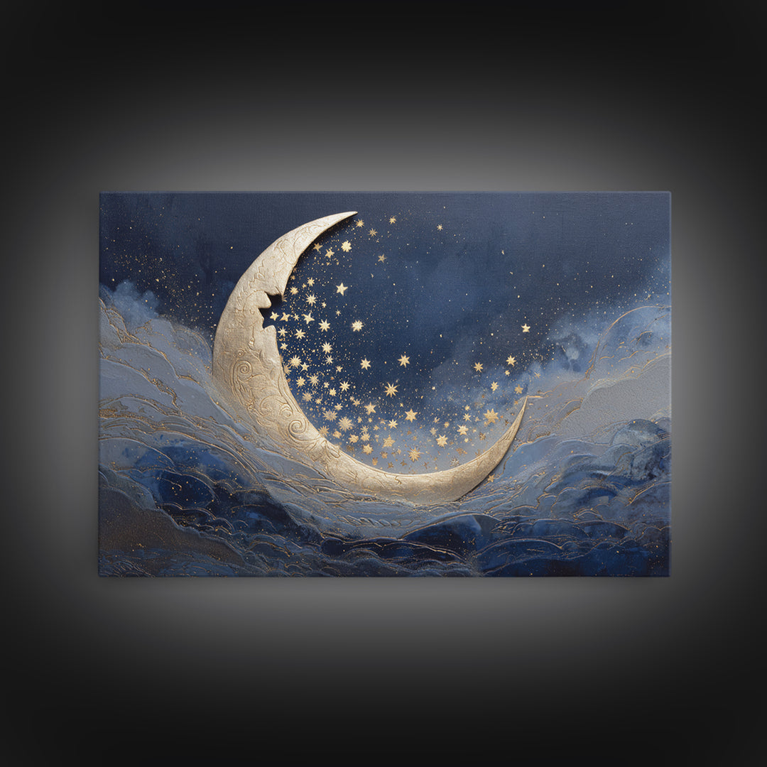 Crescent Moon Cradling a Cluster of Stars Canvas Print, Celestial Art, Modern Art, Living Room Decor, Fine Art, Celestial, CEL-3x2-29