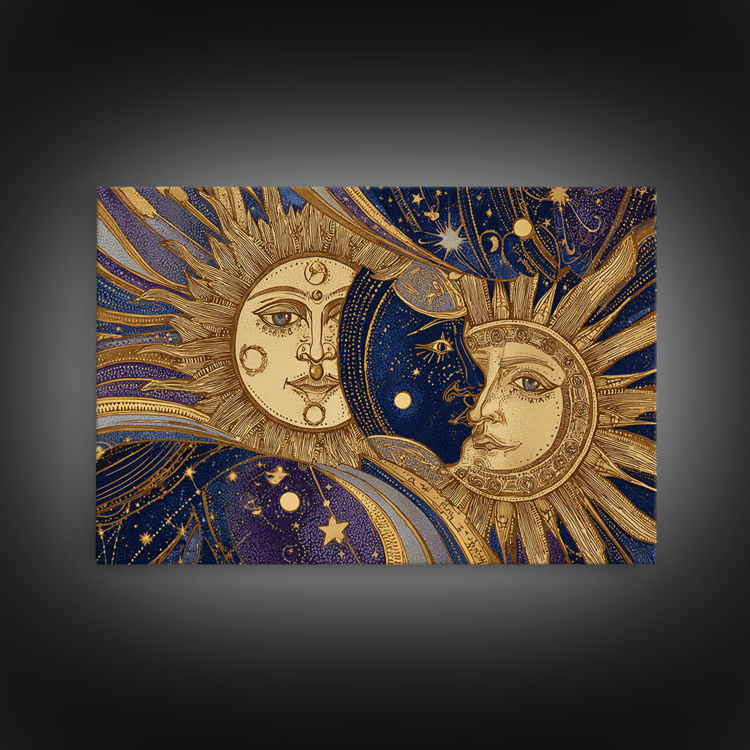 Sun and Moon Faces Canvas Print, Celestial Art, Boho Wall Art, Living Room Decor, Fine Art, Celestial, Boho Home Decor, CEL-3x2-54