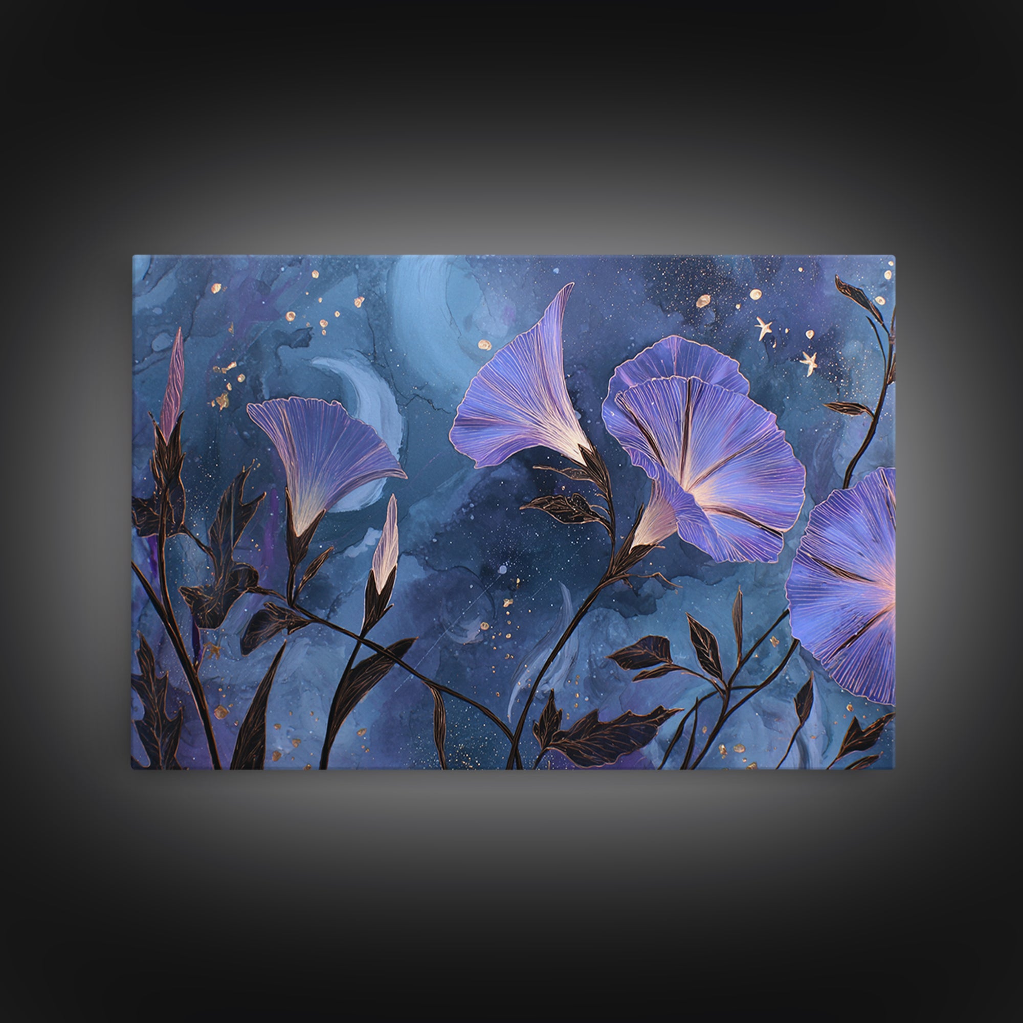 Moon Garden with Night Blooming Flowers Canvas Print, Celestial Art, Mushroom Decor, Living Room Decor, Oil Painting, Celestial, CEL-3x2-73
