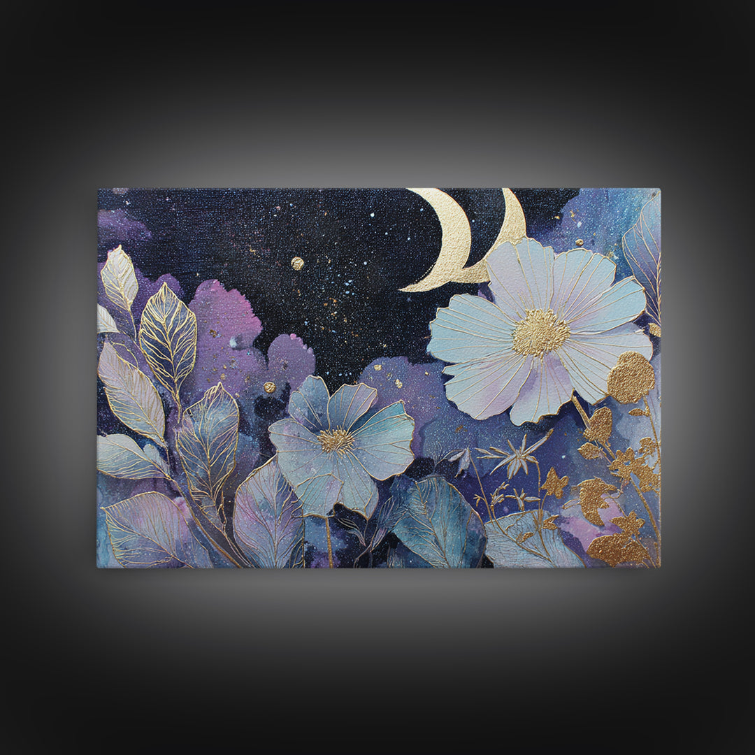 Lunar Phase Arc Above Delicate Botanicals Framed Canvas Print, Celestial Art, Art Prints, Living Room Decor, Celestial, CEL-3x2-8