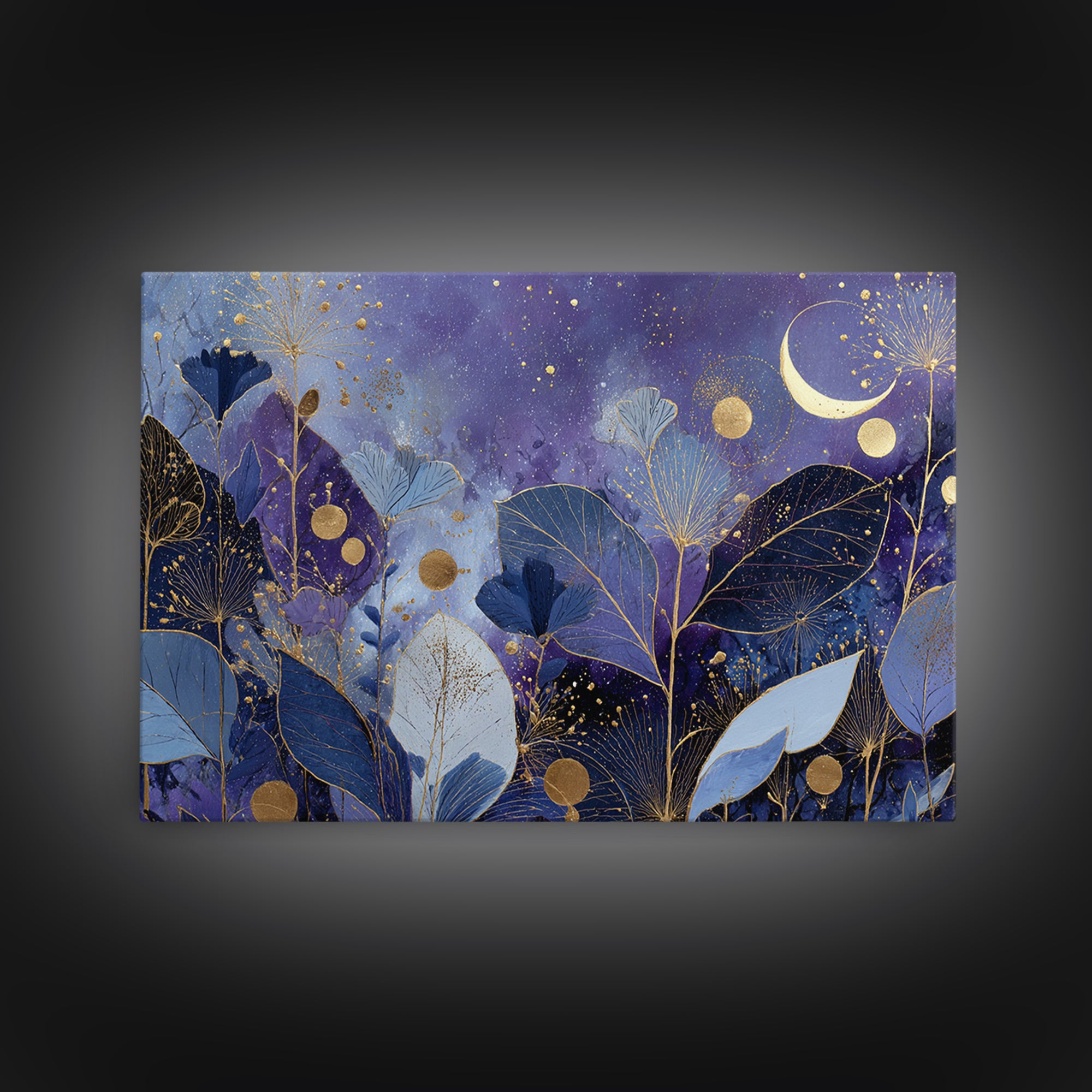 Lunar Phase Arc Above Delicate Botanicals Framed Canvas Print, Celestial Art, Art Nouveau Decor, Living Room Decor, Celestial, CEL-3x2-80