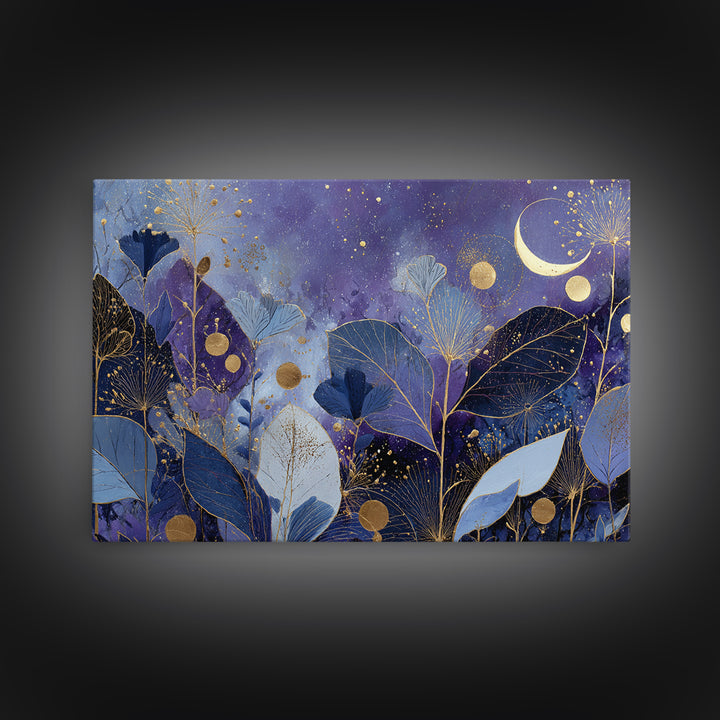 Lunar Phase Arc Above Delicate Botanicals Framed Canvas Print, Celestial Art, Art Nouveau Decor, Living Room Decor, Celestial, CEL-3x2-80