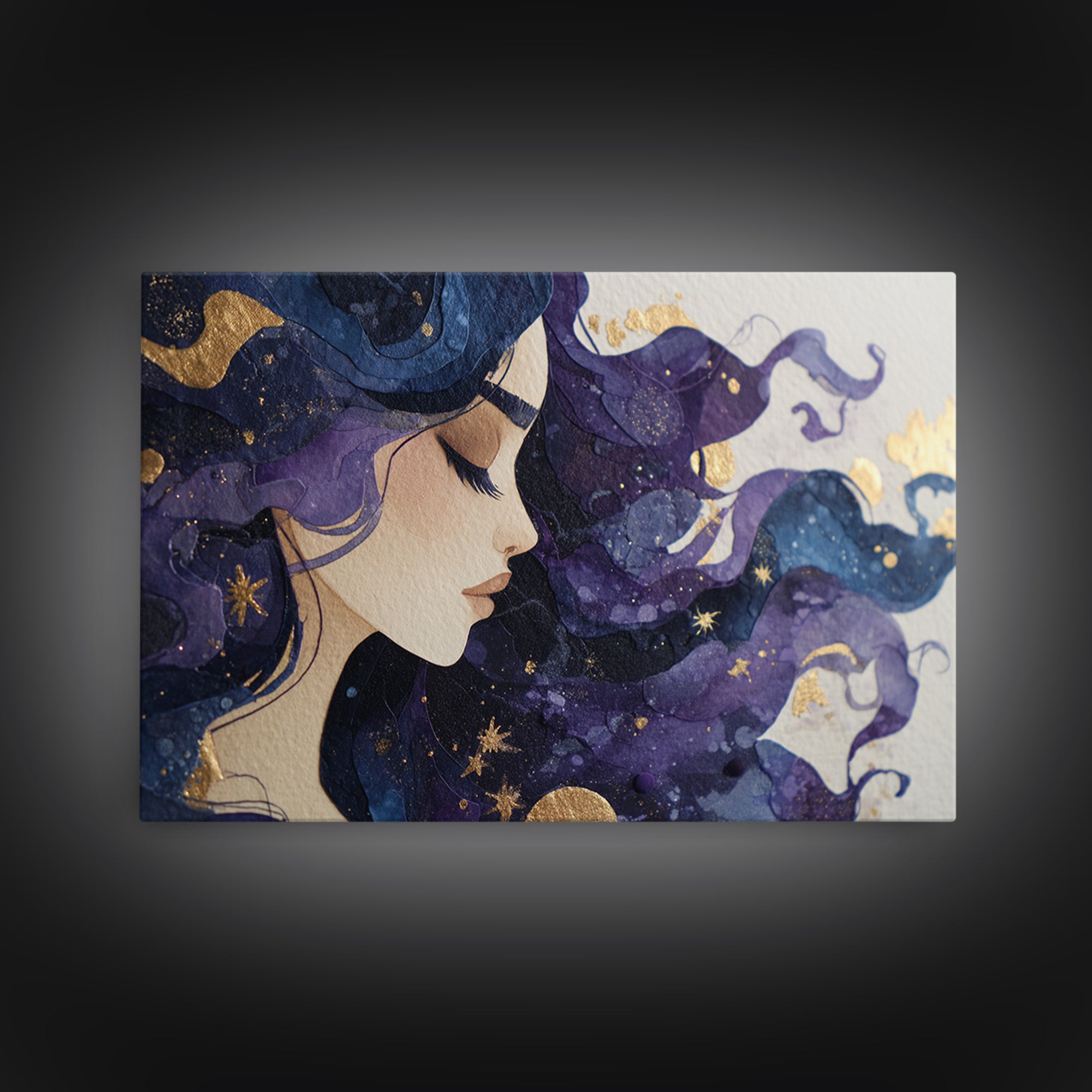 Celestial Goddess with Flowing Midnight Hair Canvas Print, Celestial Art, Neutral Decor, Living Room Decor, Fine Art, Celestial, CEL-3x2-83