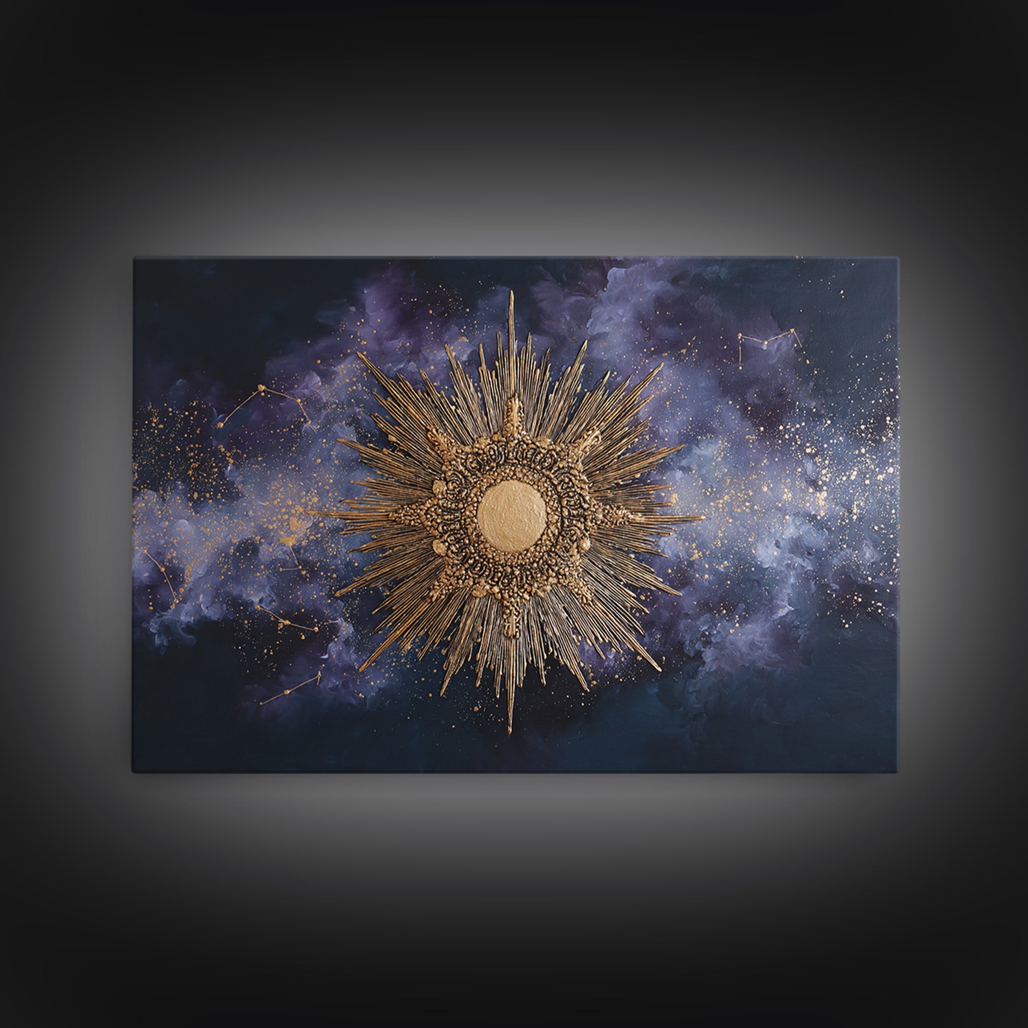 Sunburst Medallion with Ornate Rays Canvas Print, Celestial Art, Whimsical Art, Living Room Decor, Oil Painting, Celestial, CEL-3x2-89