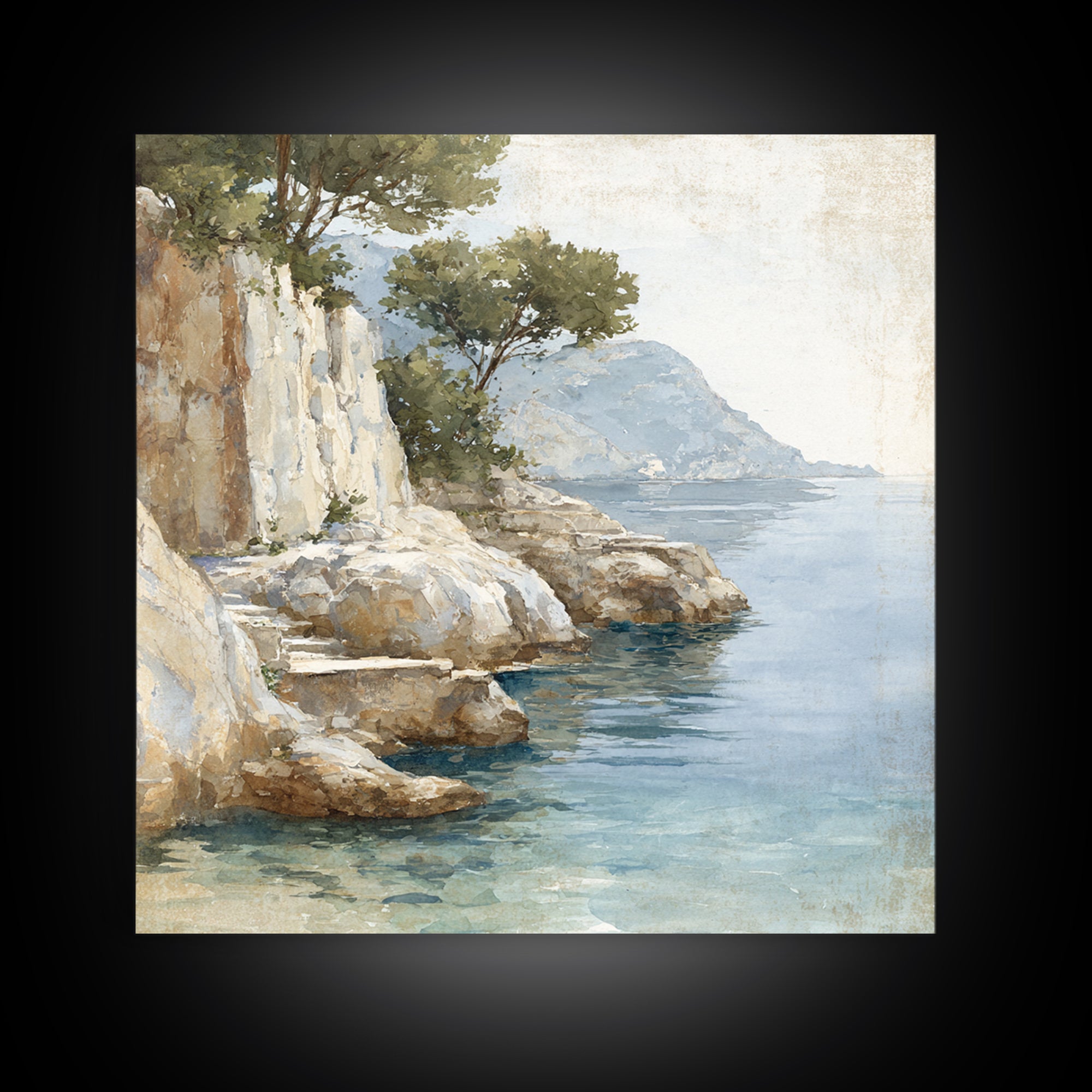 Mediterranean Cove with Cliff Shadows Framed Canvas Print, Coastal Art, Gallery Decor, Coastal Decor, Fine Art, Coastal, COA-1x1-41