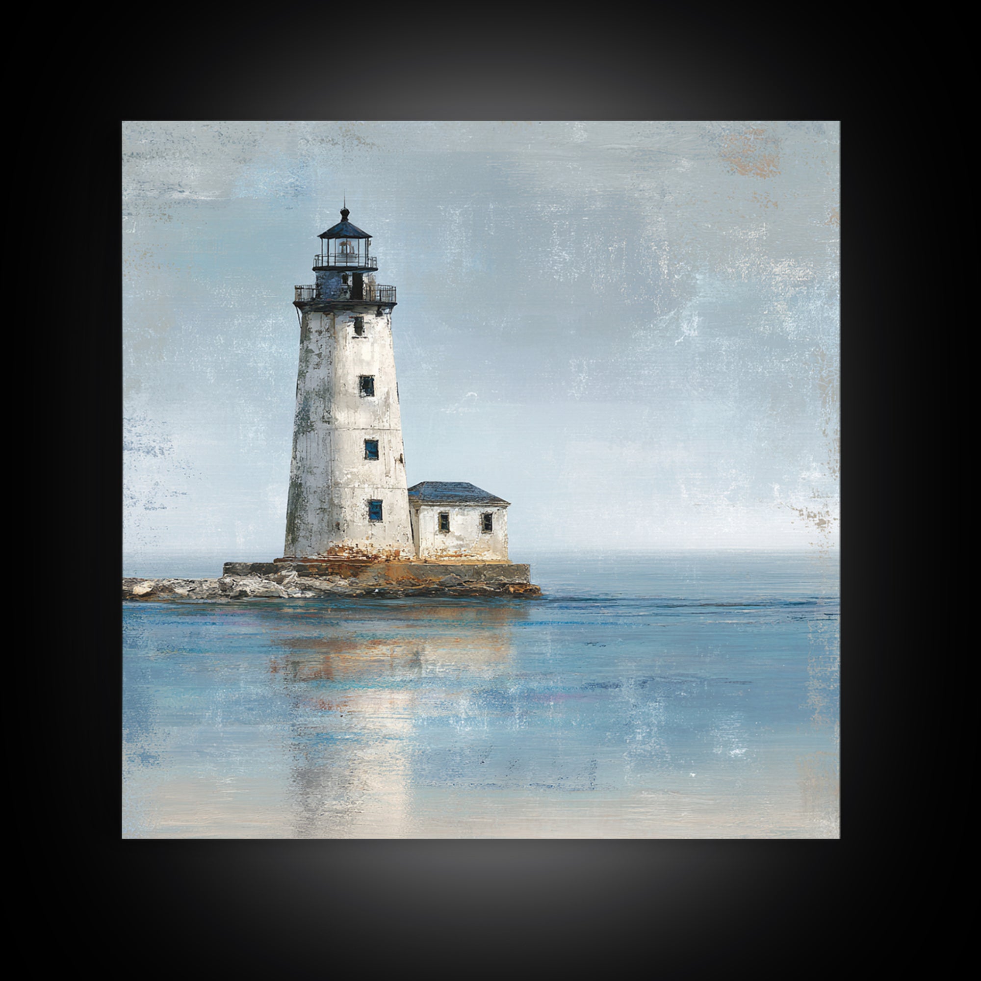 Whitewashed Lighthouse Against Cloudy Sky Canvas Print, Coastal Art, Living Room Art, Coastal Decor, Oil Painting, Coastal, COA-1x1-54