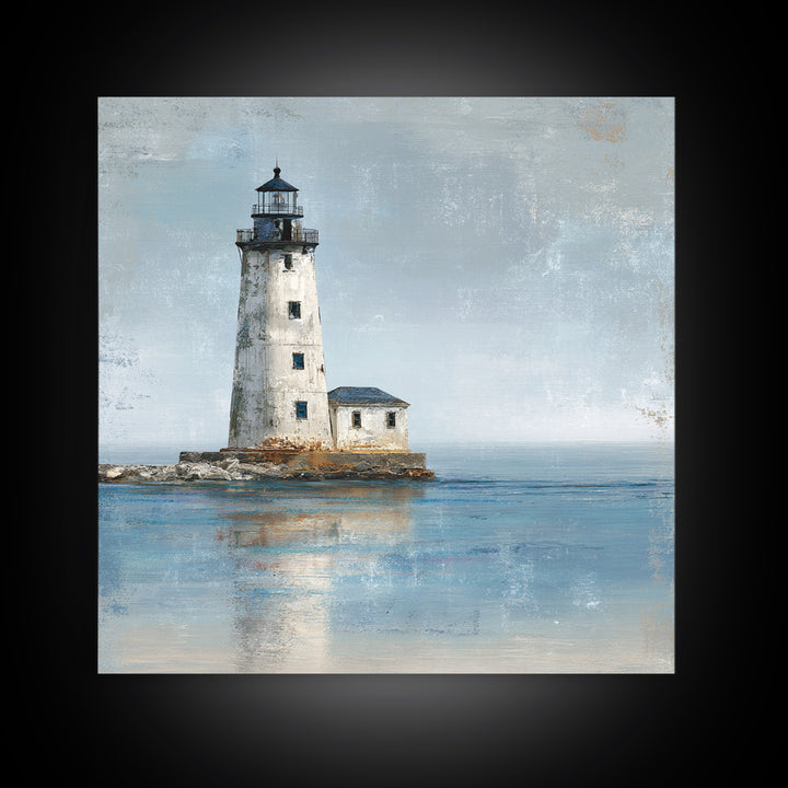 Whitewashed Lighthouse Against Cloudy Sky Canvas Print, Coastal Art, Living Room Art, Coastal Decor, Oil Painting, Coastal, COA-1x1-54