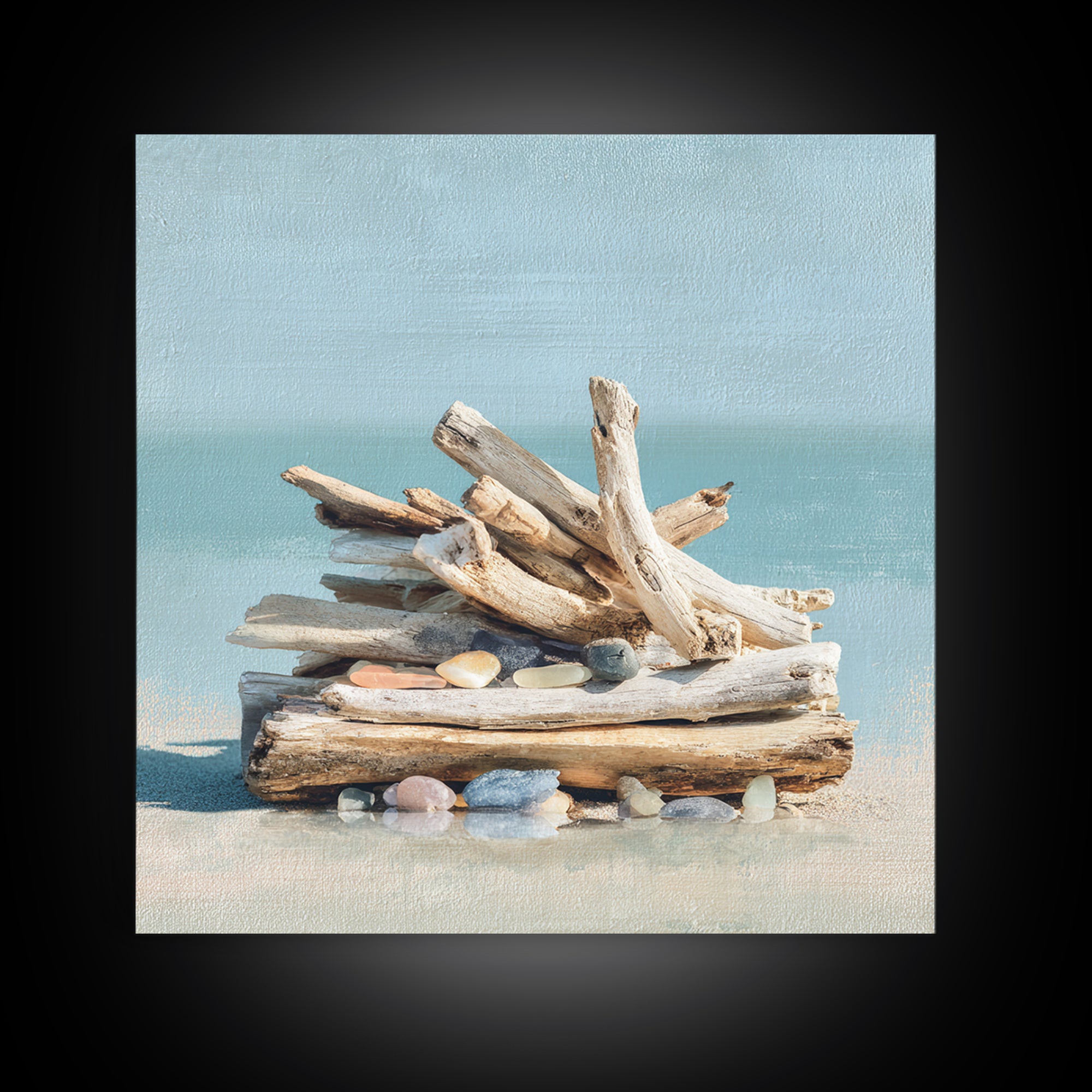 Driftwood and Sea Glass Still Life Canvas Print, Coastal Art, Ocean Wall Art, Coastal Decor, Watercolor Art, Coastal, COA-1x1-55