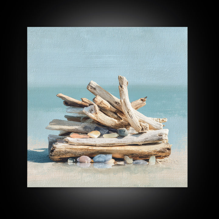 Driftwood and Sea Glass Still Life Canvas Print, Coastal Art, Ocean Wall Art, Coastal Decor, Watercolor Art, Coastal, COA-1x1-55