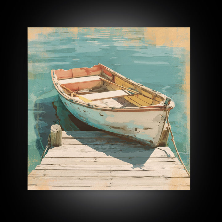 Small Rowboat Tied to a Wooden Dock Framed Canvas Print, Coastal Art, Gallery Decor, Coastal Decor, Fine Art, Coastal, COA-1x1-67