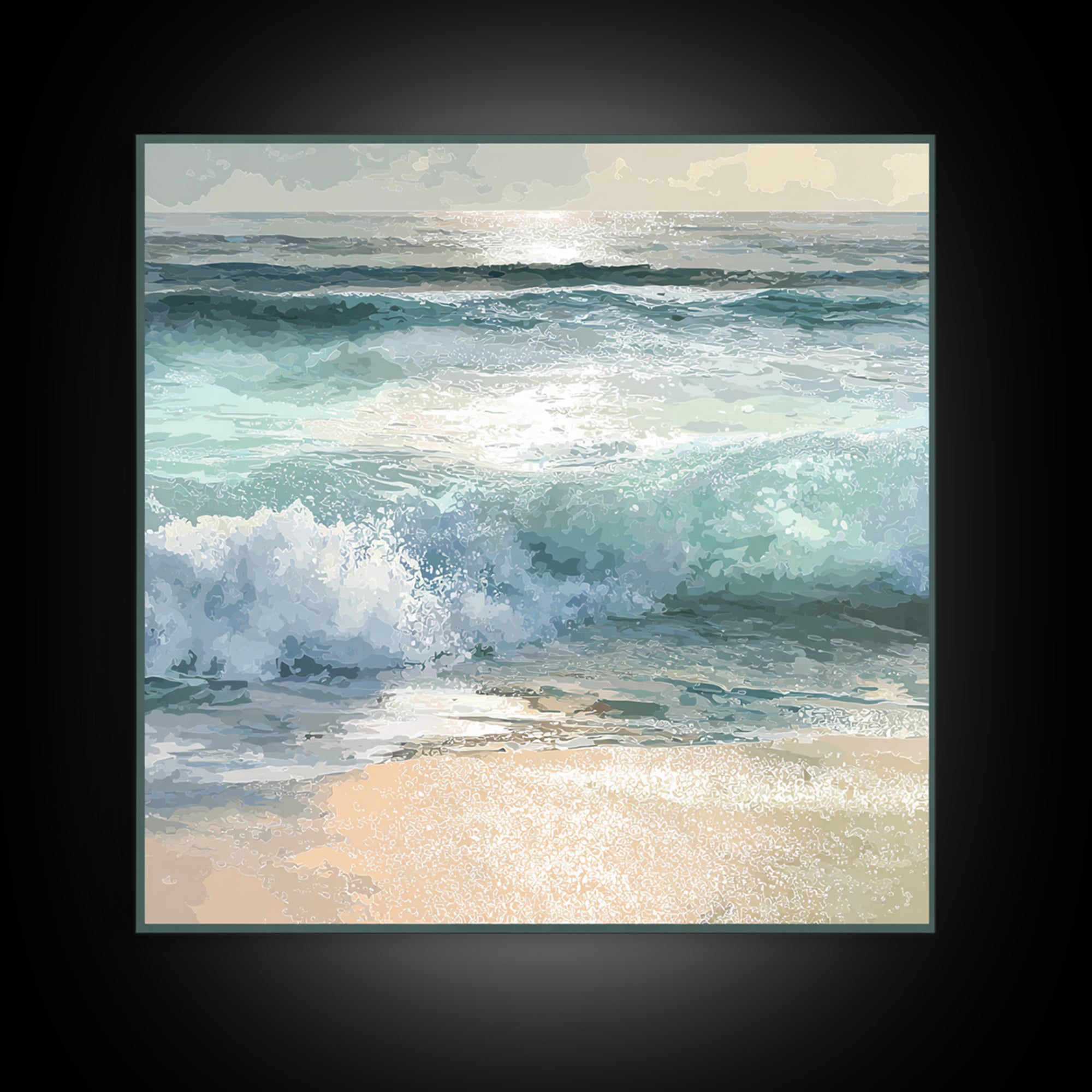 Moonlit Ocean with Silver Surf Framed Canvas Print, Coastal Art, Coastal Wall Decor, Coastal Decor, Oil Painting, Coastal, COA-1x1-70