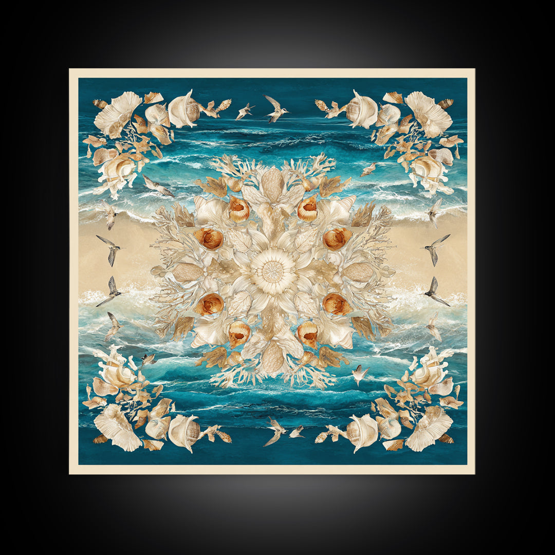 Shell and Coral Specimen Arrangement Framed Canvas Print, Coastal Art, Statement Artwork, Coastal Decor, Fine Art, Coastal, COA-1x1-83