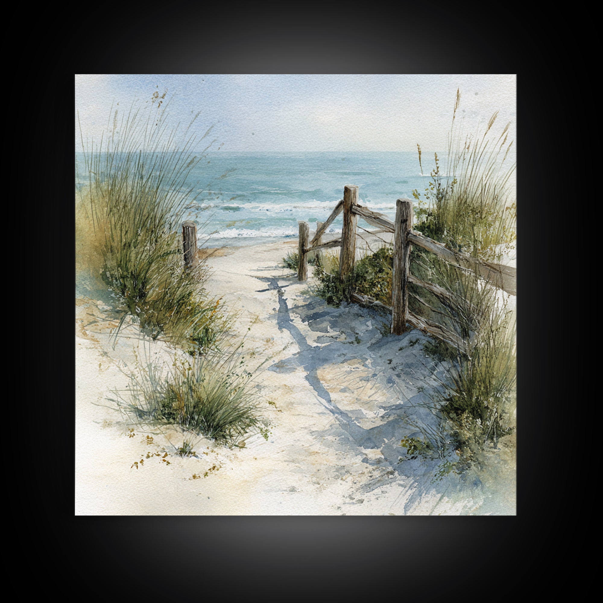 Soft Watercolor Dune Fence Scene Framed Canvas Print, Coastal Art, Textured Painting, Coastal Decor, Fine Art, Coastal, COA-1x1-88